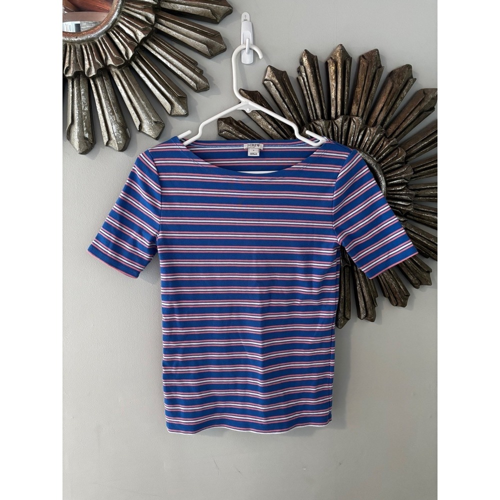 J.Crew Striped Boat Neck Tee Blue Pink White Coastal Preppy Womens S